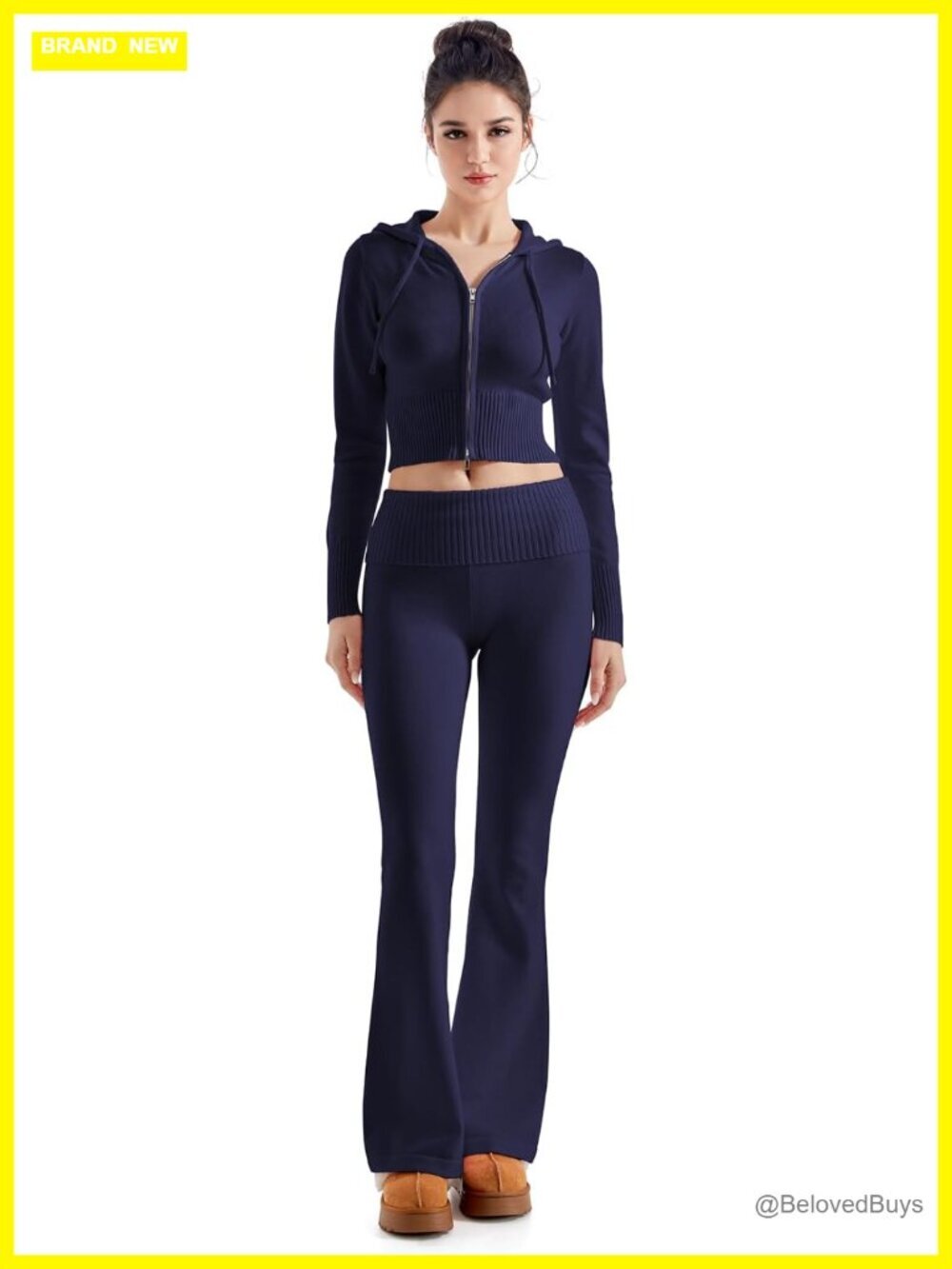 Women 2 Piece Knit Set Cropped Zip Up Hoodie Foldover Flare Pants